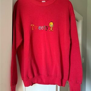 Vintage 90s Tweety Bird Embroidered Sweatshirt – Made in USA – Red Crewneck L